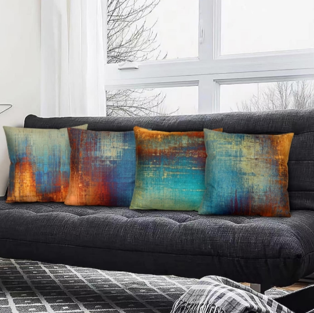 20" 4 Abstract Blue Orange Soft Velvet Pillow Covers 18" Square Zip New Set #2